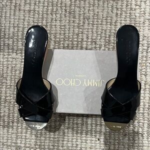 Jimmy Choo Black Patent Leather Crisscross Slide Mules